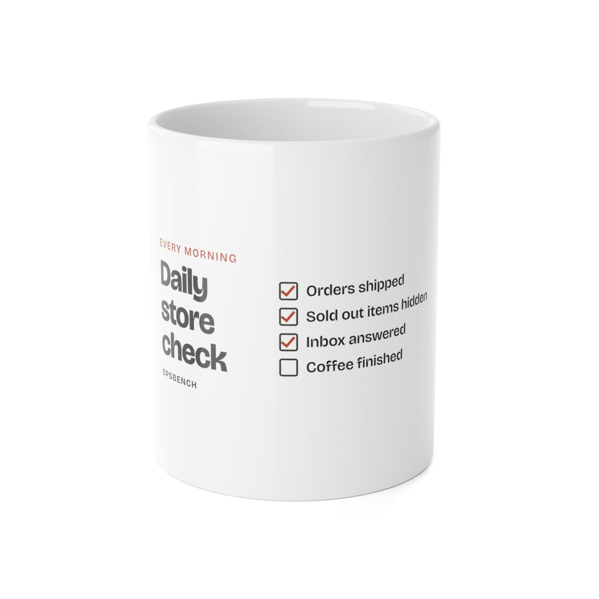 Daily Store Check Mug, 11 oz white ceramic, checklist side