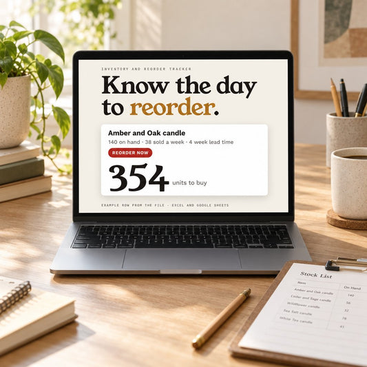 Inventory and Reorder Tracker open on a laptop on a wooden desk
