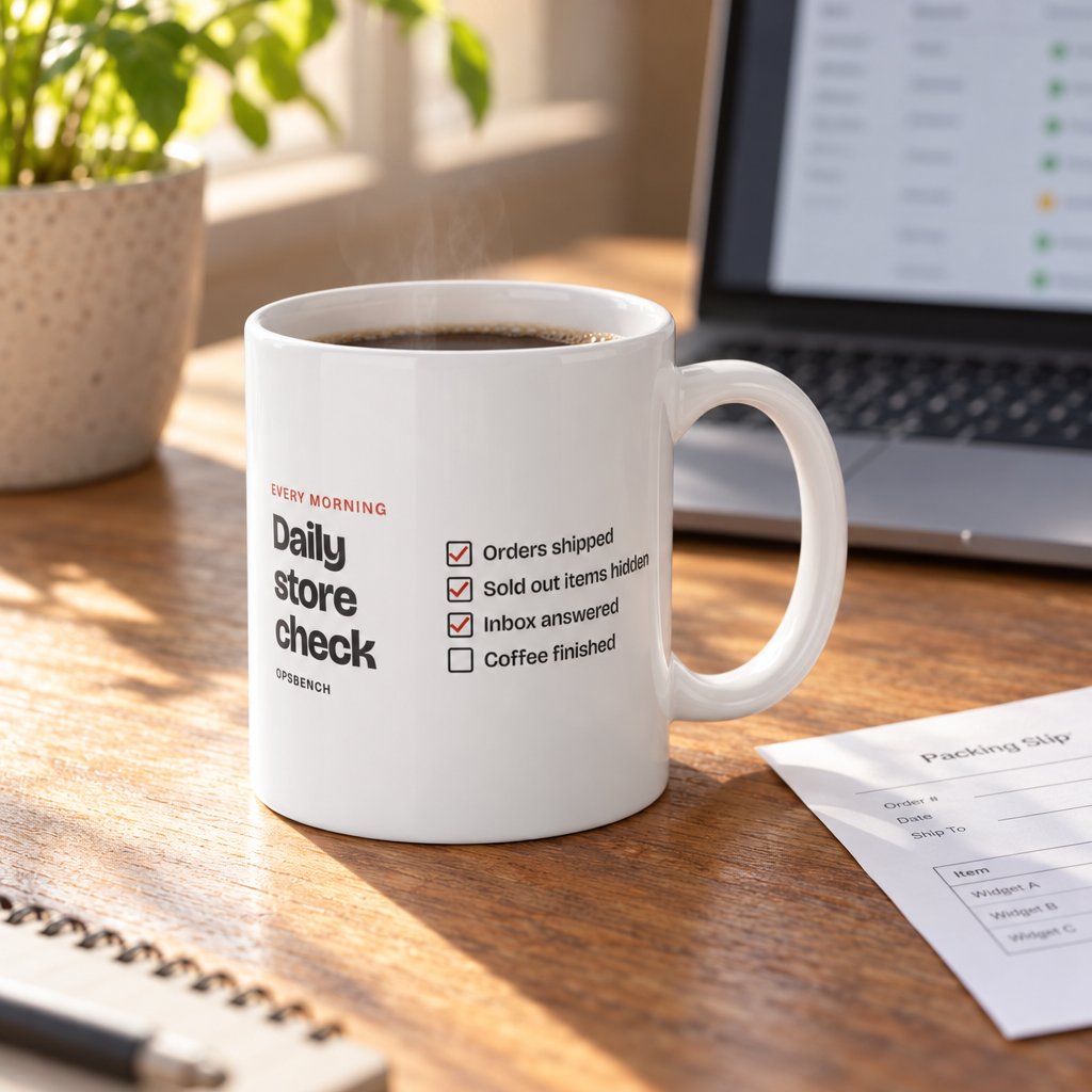 Daily Store Check Mug on a wooden desk next to a laptop, AI generated illustration