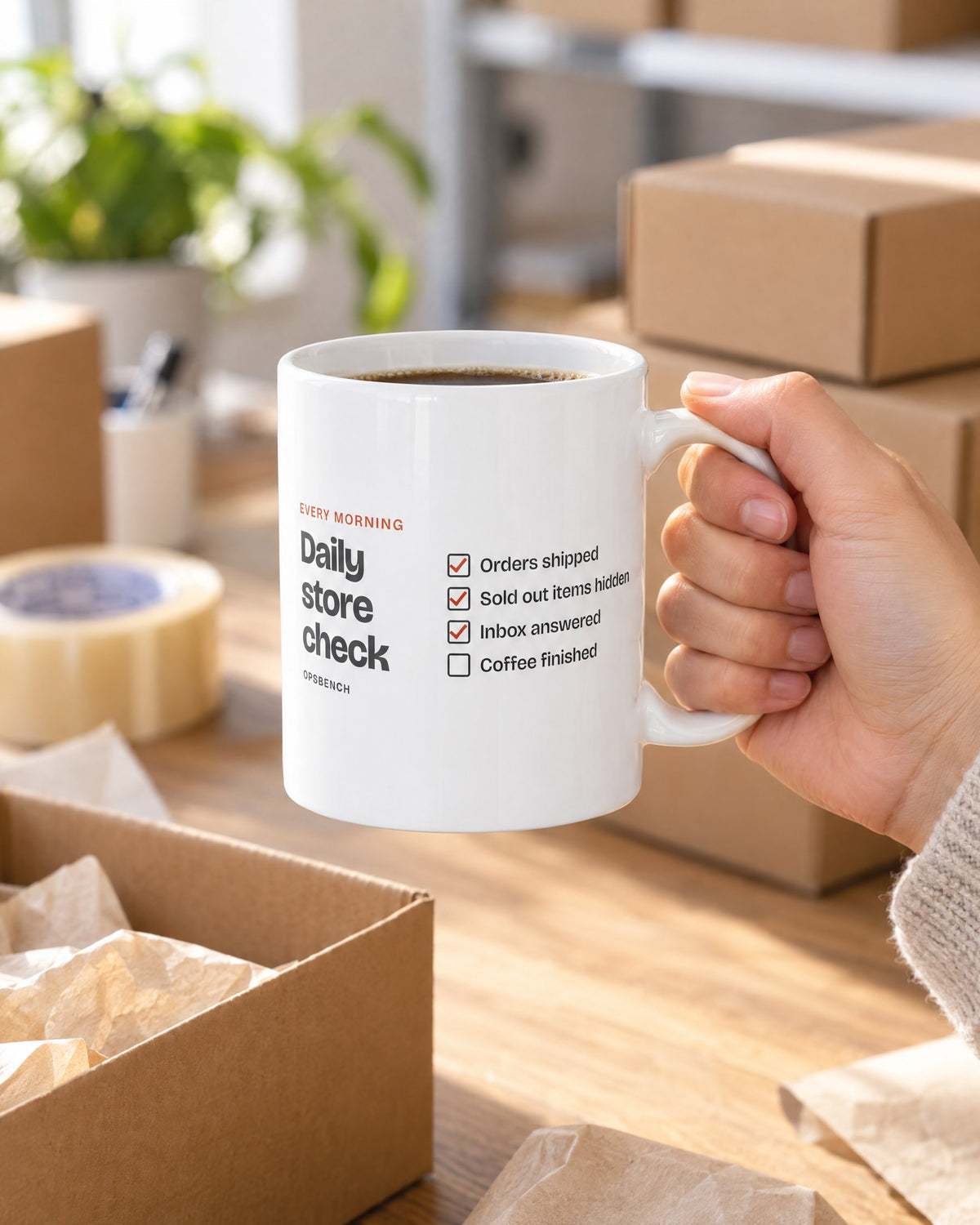 Daily Store Check Mug held over a packing table, AI generated illustration