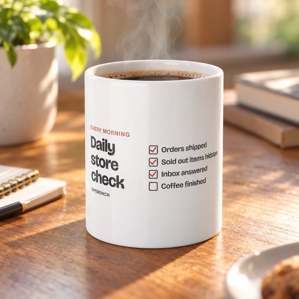 Close up of the Daily Store Check Mug print with coffee, AI generated illustration