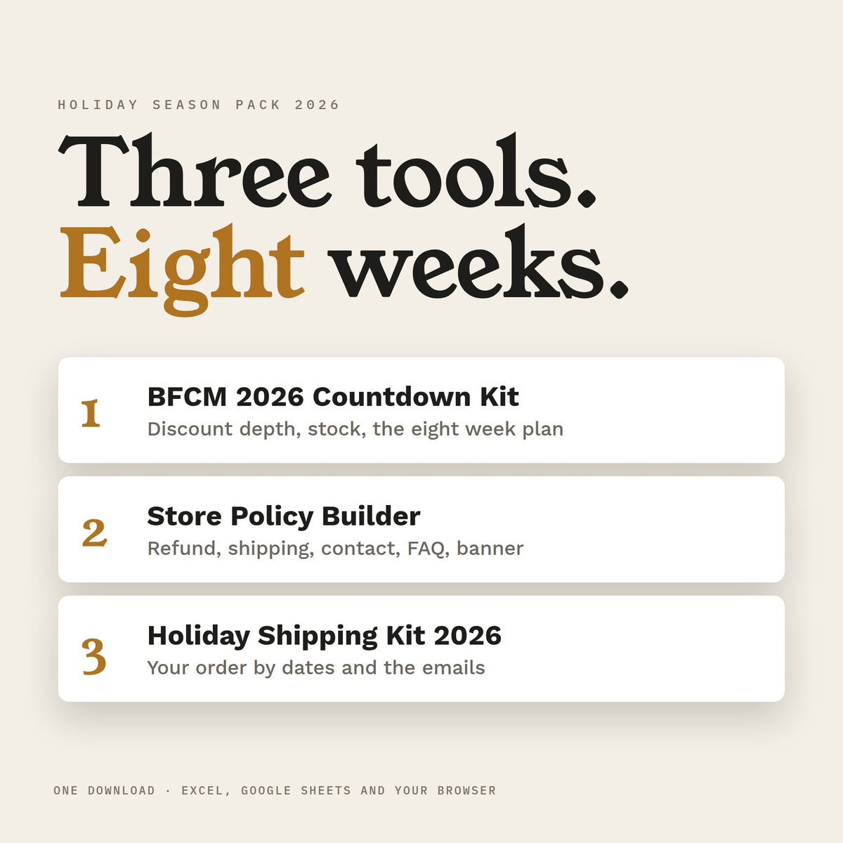 Holiday Season Pack 2026: three tools for the eight weeks before Black Friday