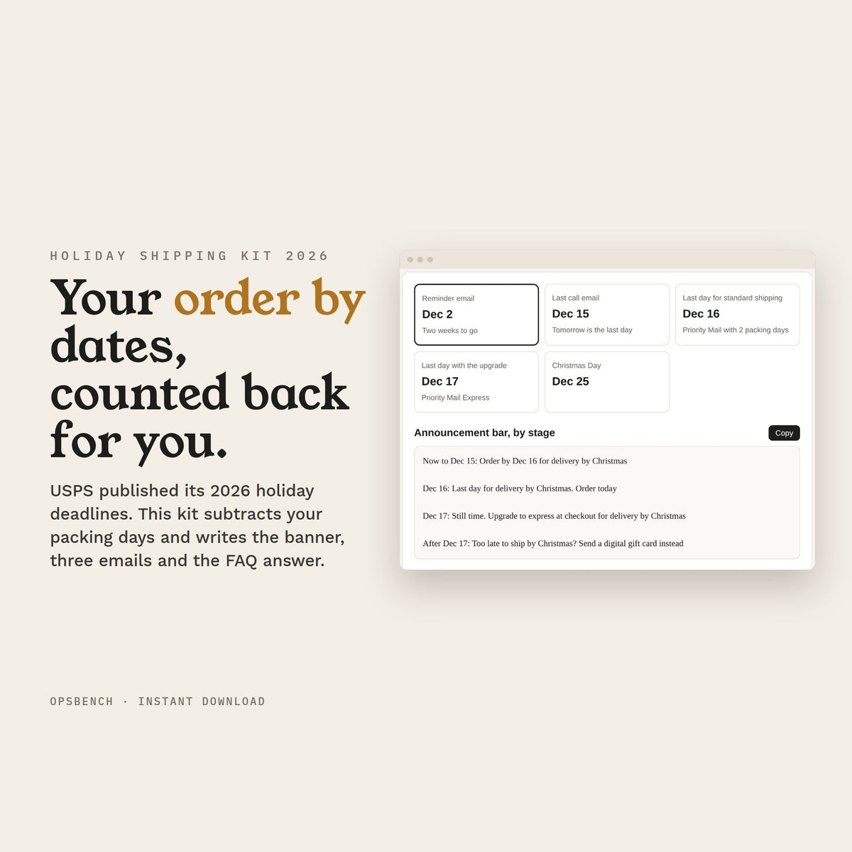 Holiday Shipping Kit 2026, part of the pack: order by dates counted back from carrier deadlines